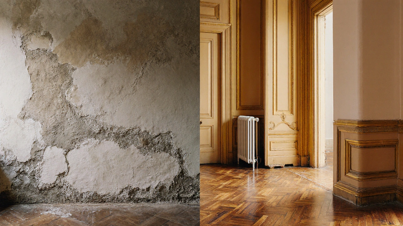 Innenausbau eines historischen Hauses mit moderner Fußbodenheizung unter originalen Holzböden und behaltenen Stuckelementen.