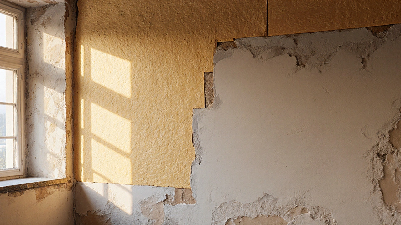 Innendämmung aus Kalziumsilikatplatten mit lehmfarbenem Putz in einem historischen Wohnhaus.