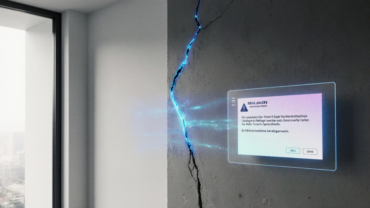 Intelligente Wand mit Sensoren und holografischer Warnung, die einen Riss überwacht und Feuchtigkeit detektiert.