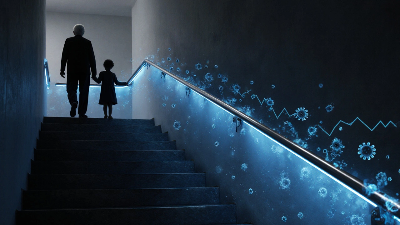 Intelligenter Edelstahl-Handlauf mit LED-Beleuchtung und antimikrobieller Oberfläche in dunklem Treppenhaus.