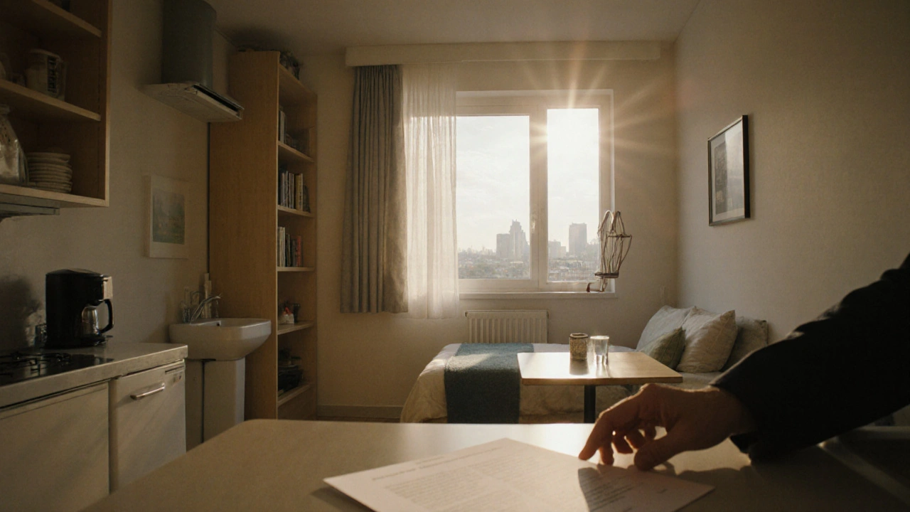 Kleine, gut ausgeleuchtete Mietwohnung mit eigenem Bad und Küche, symbolisiert erschwinglichen Wohnraum.