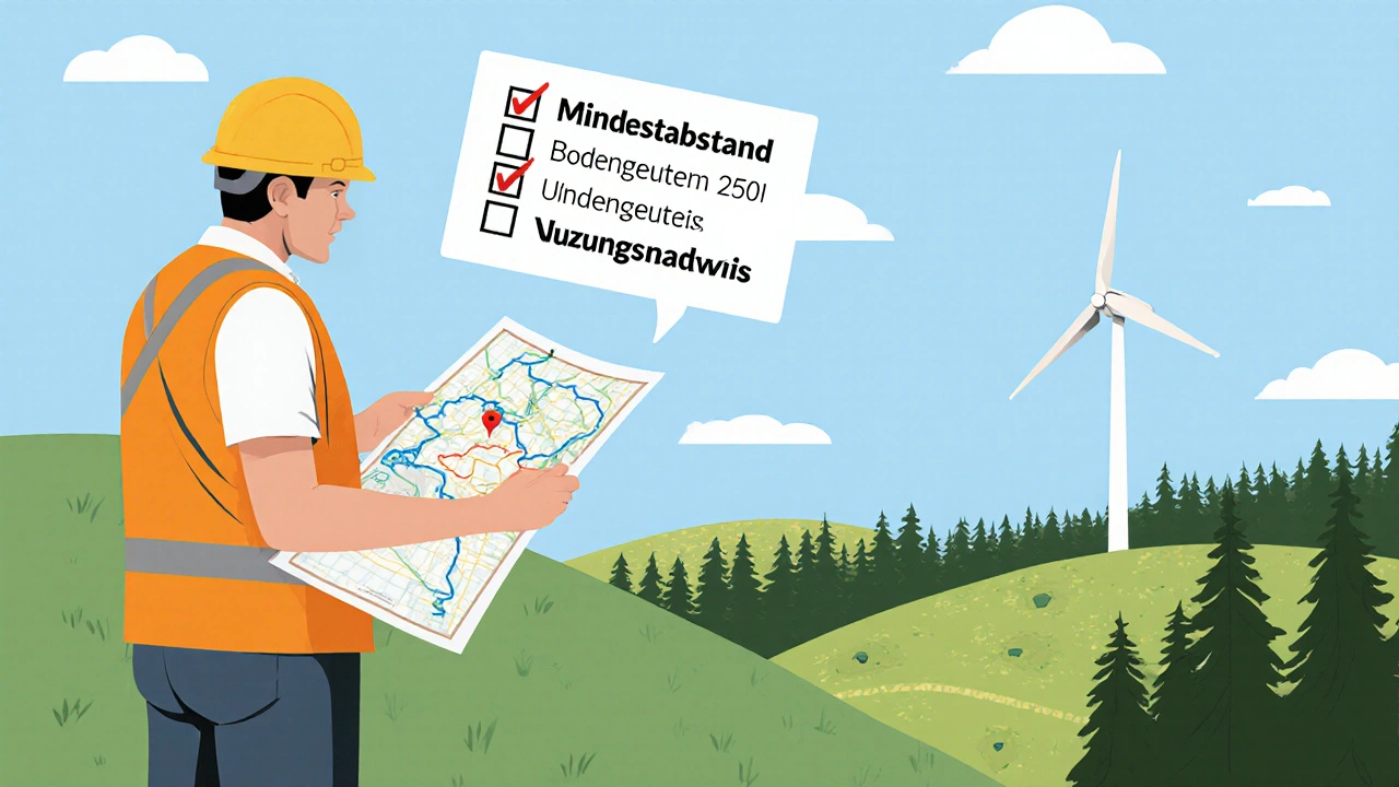 Landvermesser mit Karte und Windkraftanlage vor einem Naturschutzgebiet