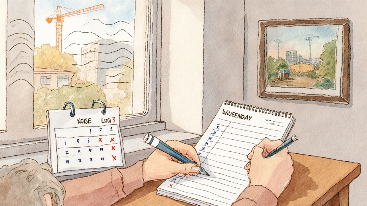 Mieteter füllt ein Lärmprotokoll aus, neben einem Fenster mit implizitem Baugeräusch, Kalender mit rot markierten Sonntagen.