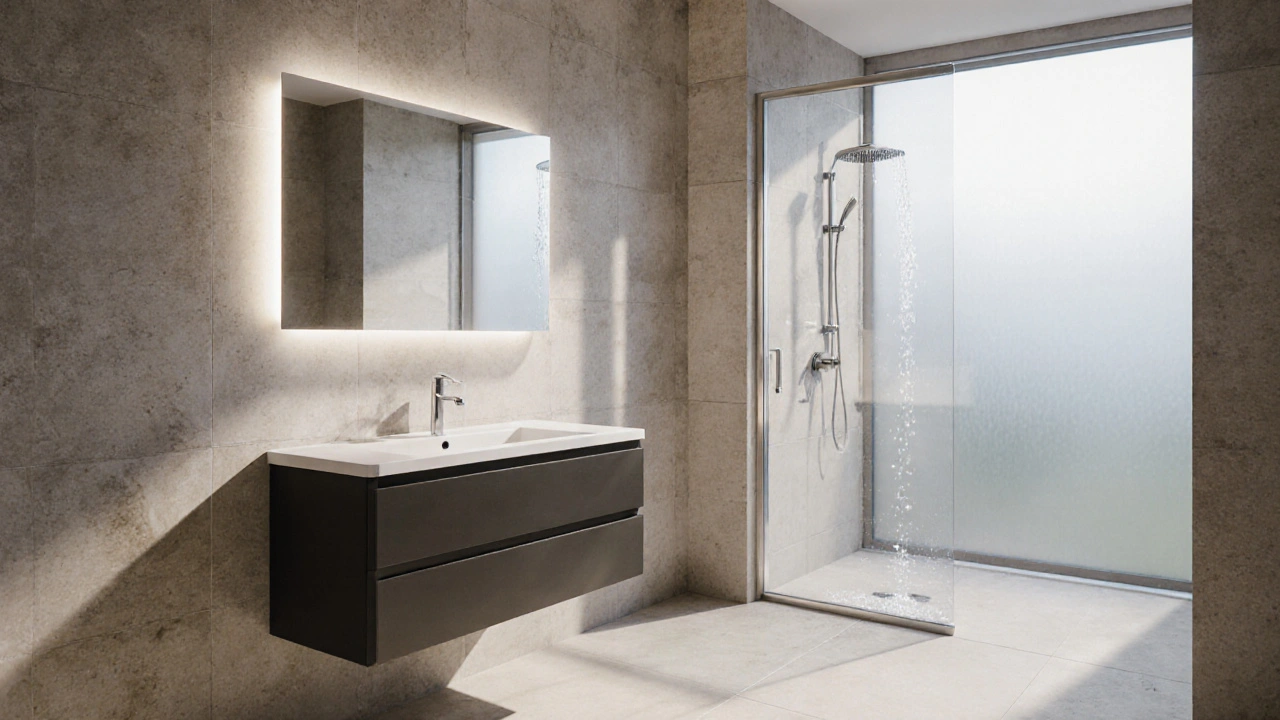 Modernes Badezimmer mit großen Fliesen, LED-Beleuchtung und perfekt verlegten Armaturen.