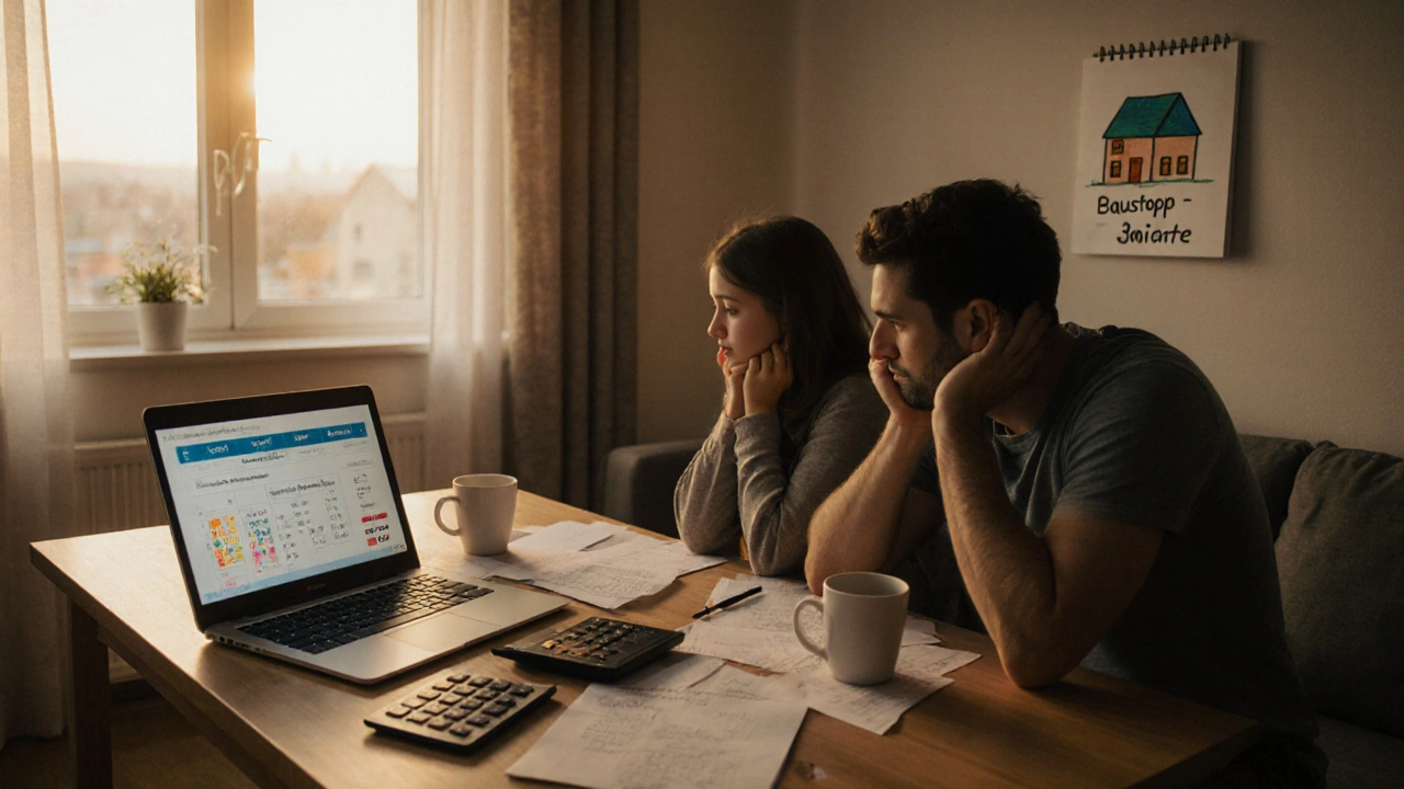 Paar am Küchentisch mit Bankbriefen und Mortgage-Rechner, Kindermalerei an der Wand.