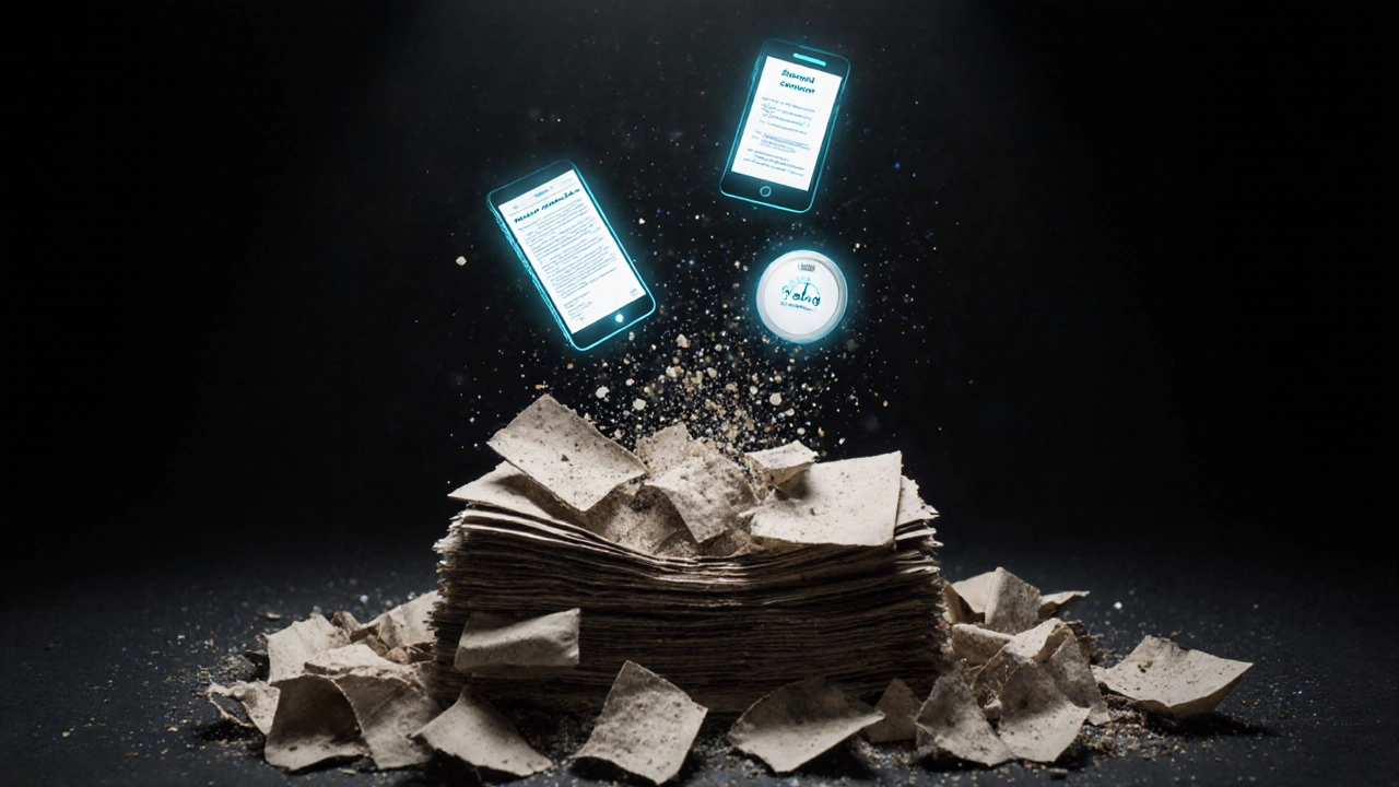 Papierakten lösen sich auf und werden zu digitalen Icons für moderne Vermietung.