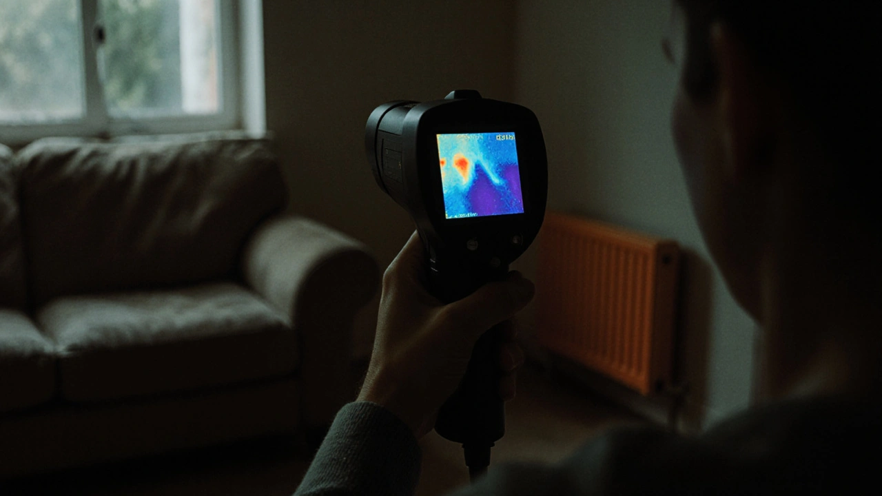 Person mit Wärmebildkamera, die eine kalte Außenwand untersucht.