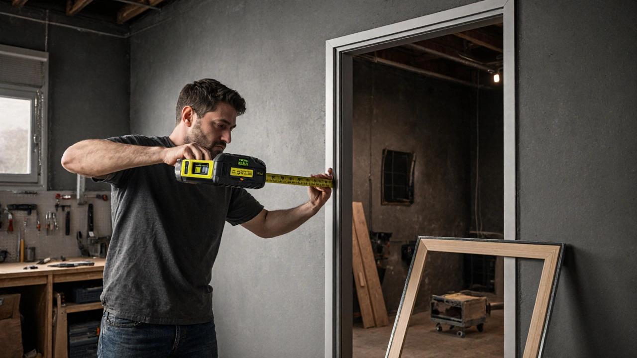 Professioneller Tischler richtet eine neue Stahlzarge mit Lasermessgerät genau aus.