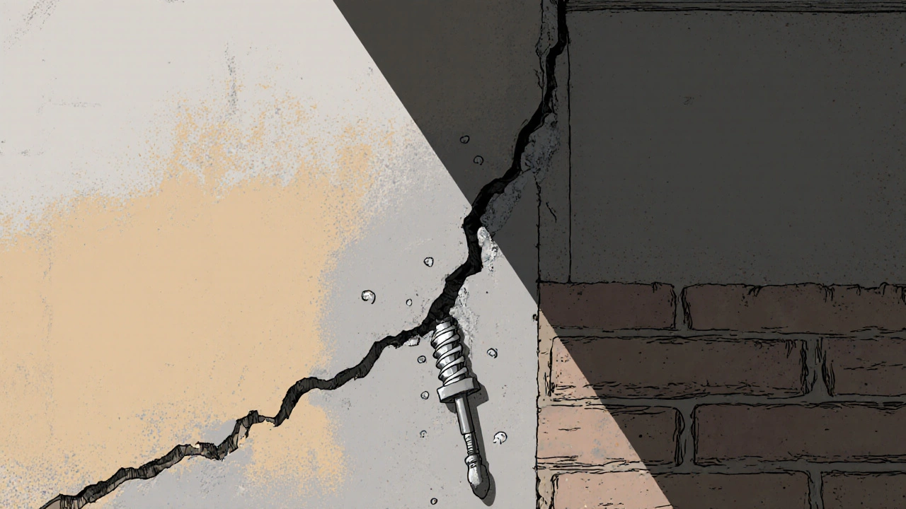 Quer durch eine tragende Wand verlaufender struktureller Riss mit eingebautem Spiralanker und Injektionsmörtel.