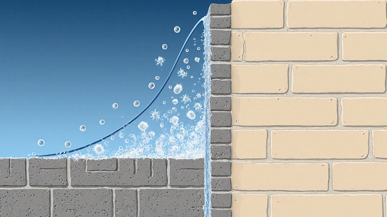 Querschnitt einer Mauer mit aufsteigender Feuchtigkeit und Salzablagerungen.