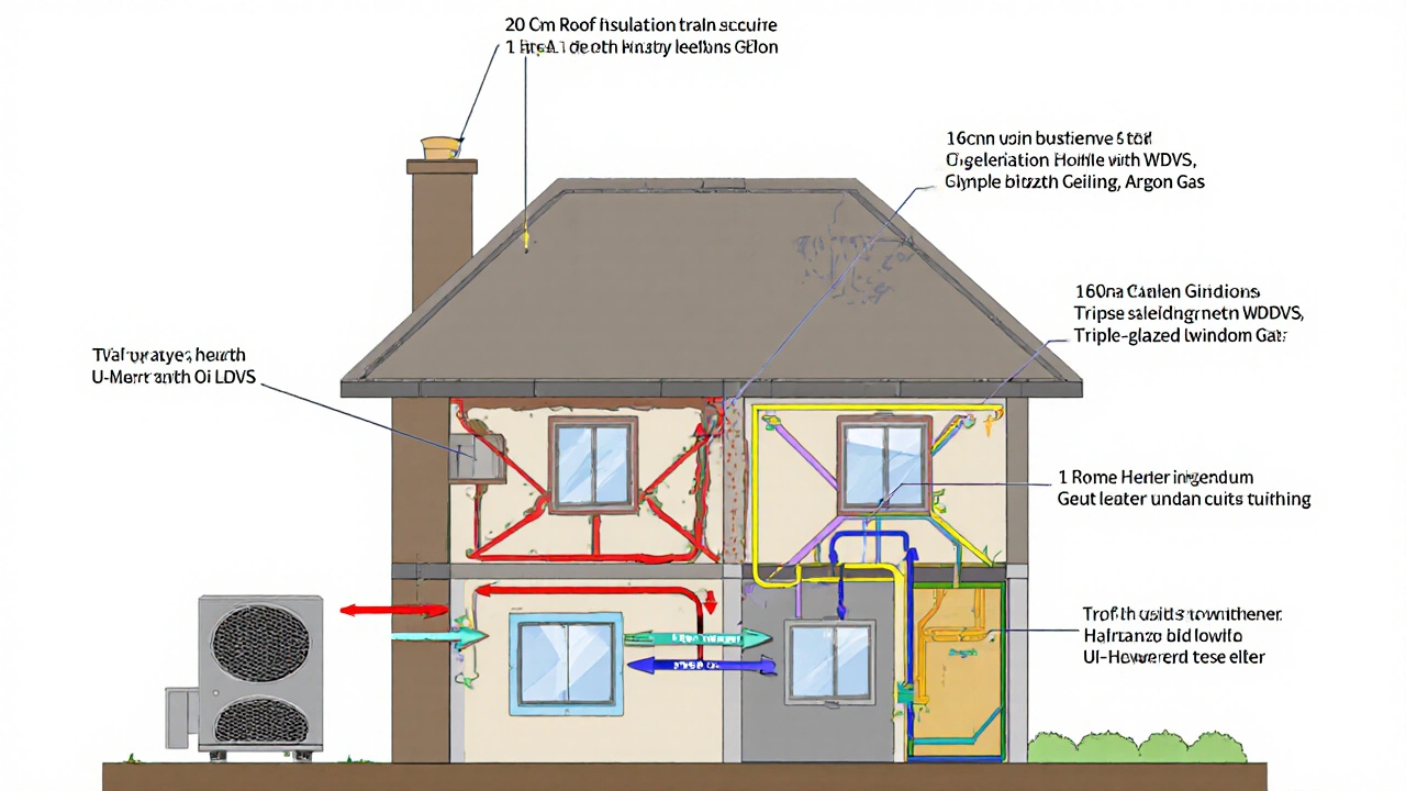 Querschnitt eines Hauses mit detaillierten Dämmmaßnahmen: Dach, Außenwand, Kellerdecke, Fenster und Wärmepumpe mit U-Werten.