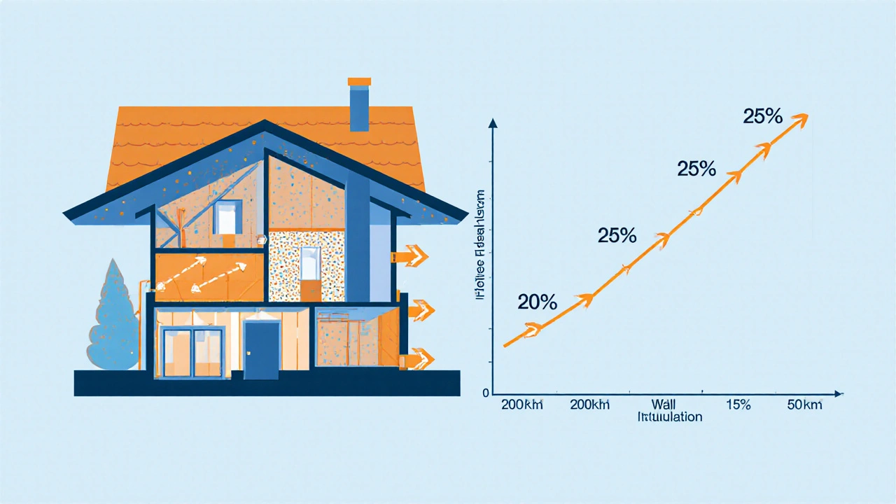 Querschnitt eines Hauses mit farblich markierten Wärmeverlusten und Energiebilanz-Verbesserung.