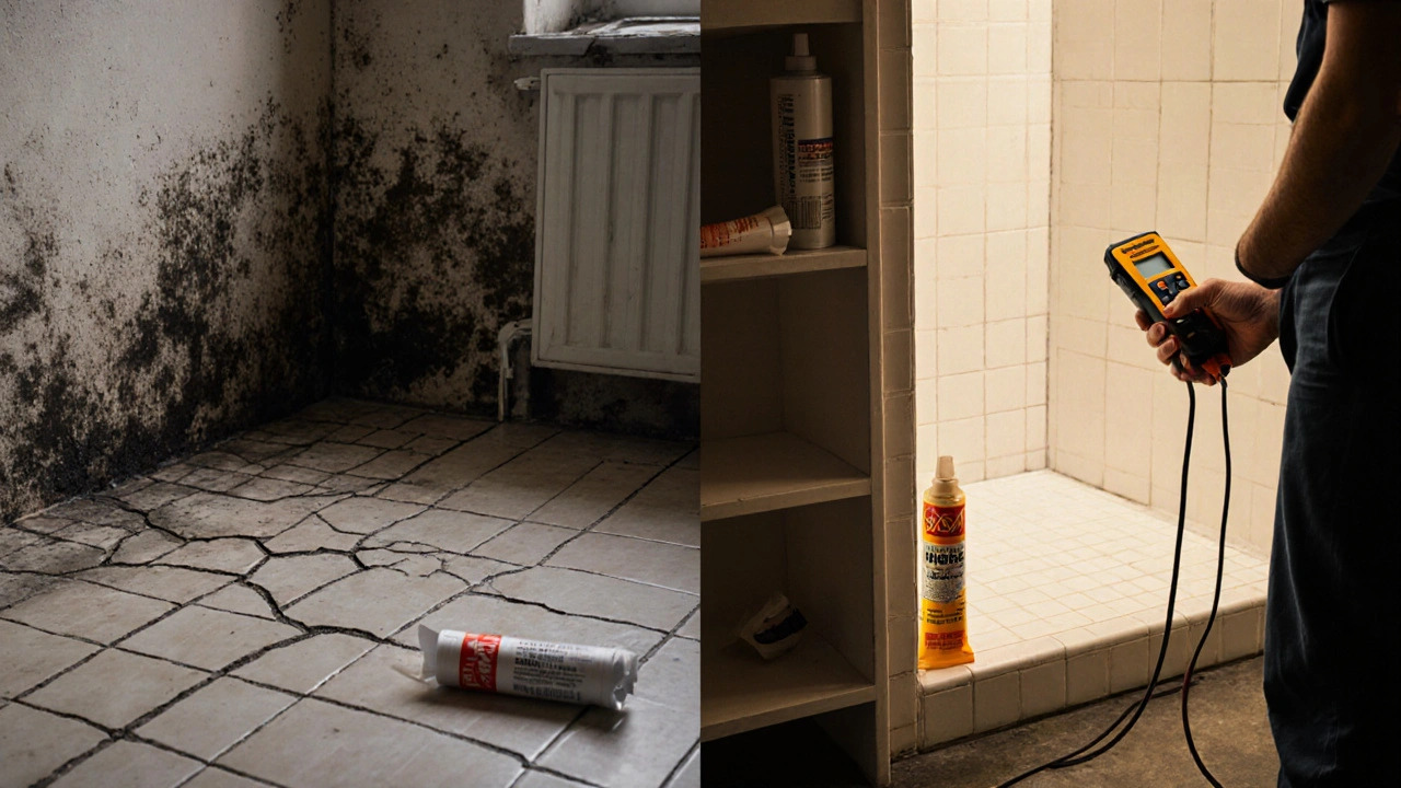 Schimmel an einer fehlerhaften Badwand neben einer frisch abgedichteten Dusche mit Feuchtigkeitsmessgerät und korrekten Materialien.