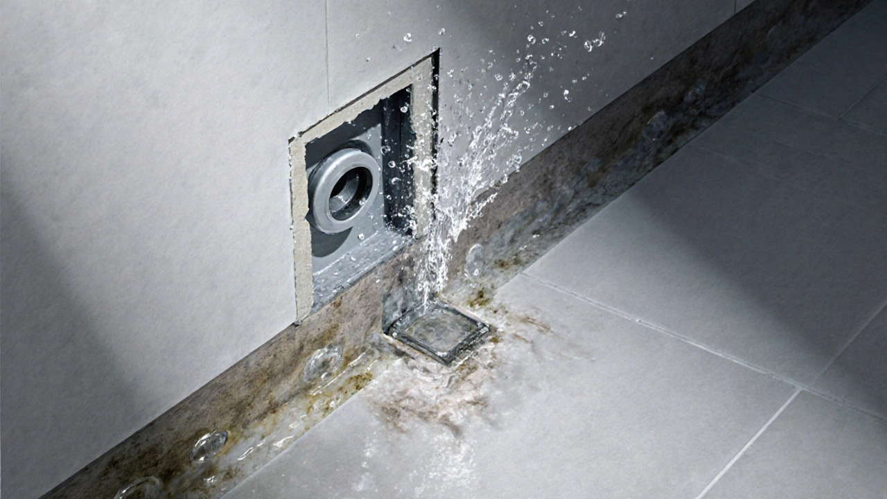 Schnitt durch eine wasserdichte Badwand mit korrekter Abdichtung um Rohre und Ablauf, im Vergleich zu einer fehlgeschlagenen Dampfbremse.