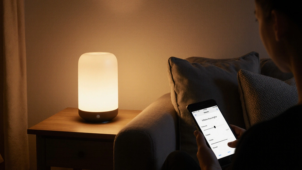 Smarte LED-Lampe geht an, sobald jemand den Raum betritt – warmes Licht in einem gemütlichen Wohnzimmer.