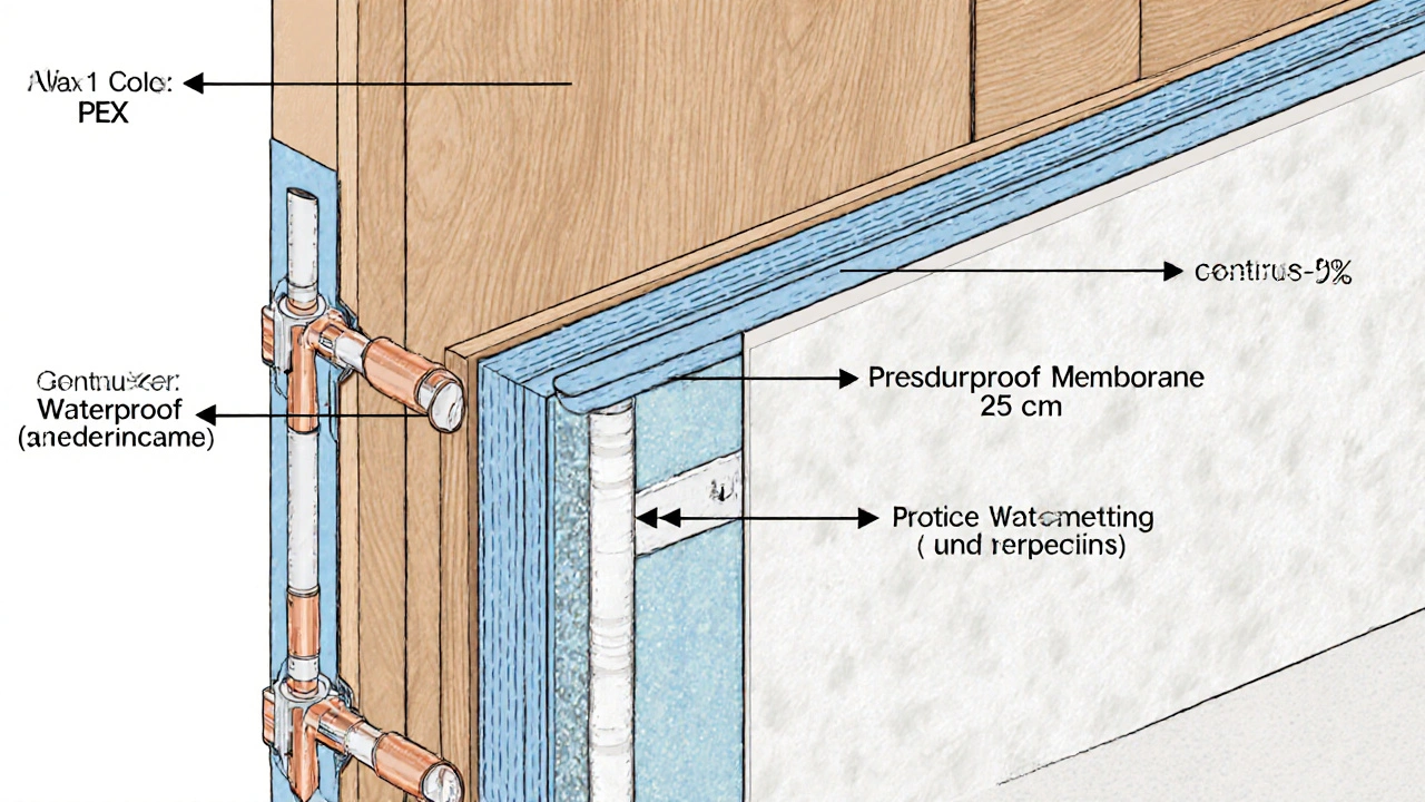 Technische Ansicht der Wasserversorgung und Abdichtung in einer Wand während der Renovierung.