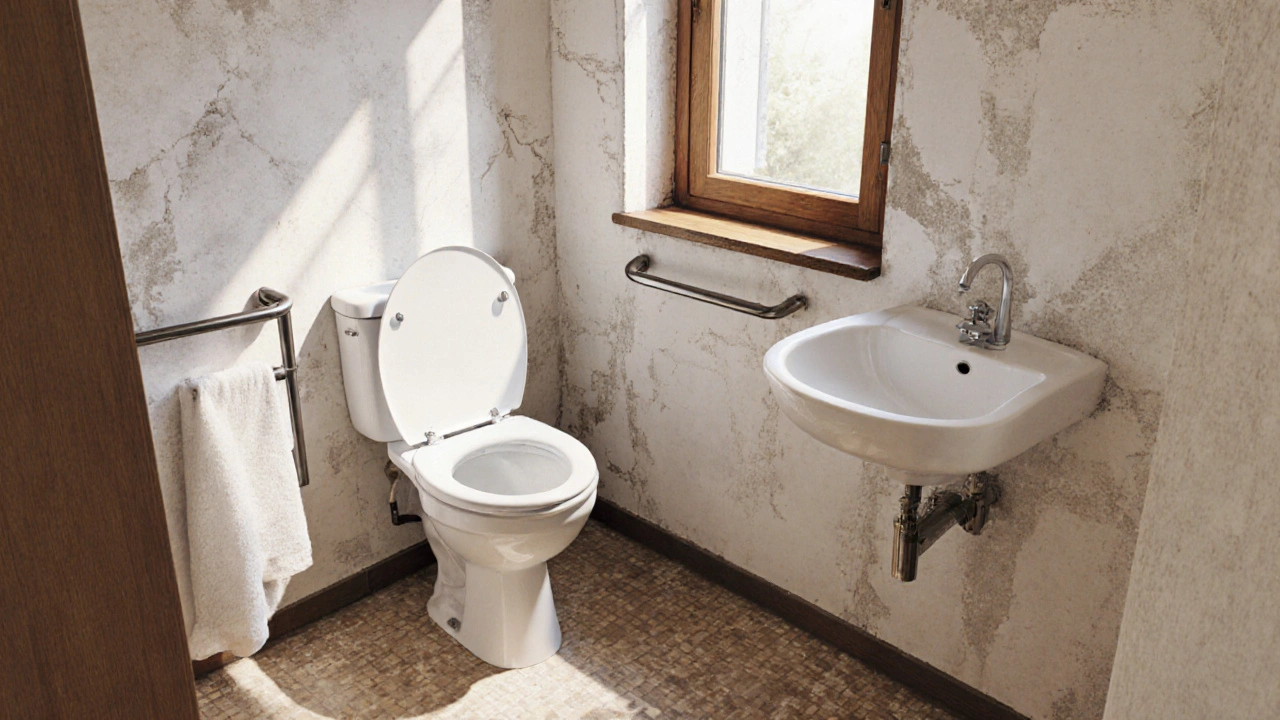 Unterfahrbarer Waschtisch und höhenverstellbarer WC-Sitz in einem Altbau-Bad mit originalen Wandstrukturen.