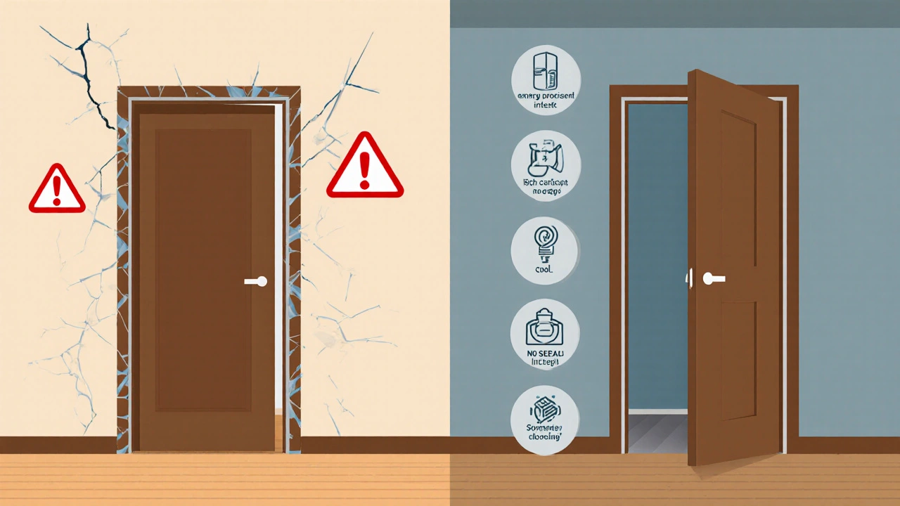 Vergleich: Schlecht montierte Zarge mit Rissen und Zugluft vs. perfekt eingebaute Zarge mit Dichtung.