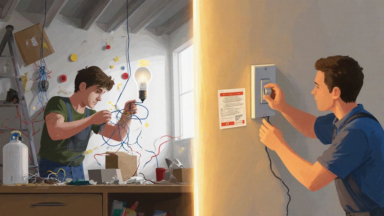 Vergleich: Selbstbau mit Risiko links, professionelle Installation mit Zertifikat rechts