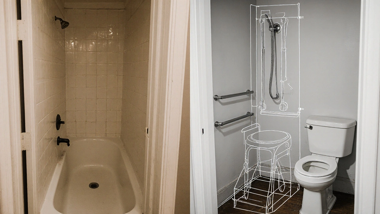 Vergleich von altem und modernisiertem Badezimmer: keine Grundrissänderung, aber maximale Sicherheit und Zugänglichkeit.