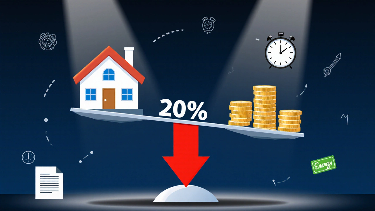 Waage mit Haus und Geldstapel, 20% Abzug zwischen Marktwert und Beleihungswert, symbolisch dargestellt.