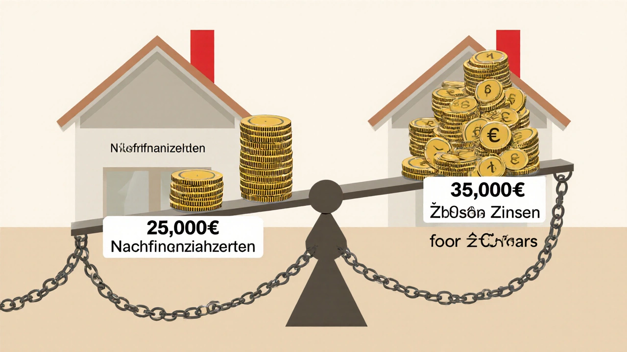 Waage mit Nachfinanzierungsbetrag und doppelt so hohen Zinsen, Haus mit zwei Hypotheken.