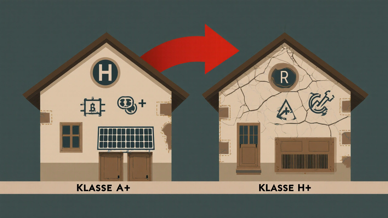 Zwei Häuser verglichen: Klasse A+ und Klasse H mit Kostenunterschied.