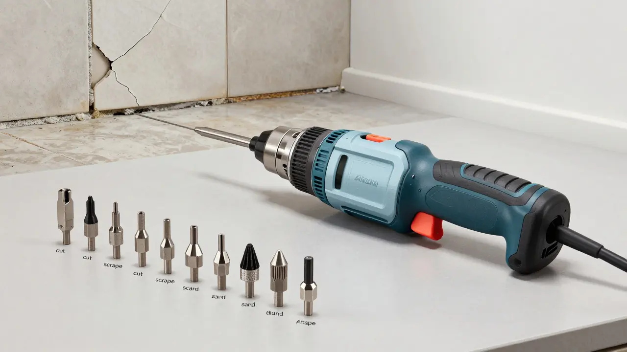 15 Aufsätze eines Multifunktionswerkzeugs auf einer Werkbank neben renovierter Fliese.