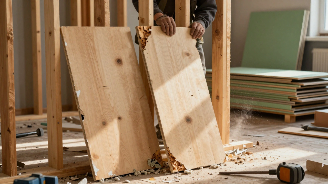 Abbruch einer Sperrholzwand mit verrottetem Holzgerüst und neuen Gipskartonplatten im Hintergrund.