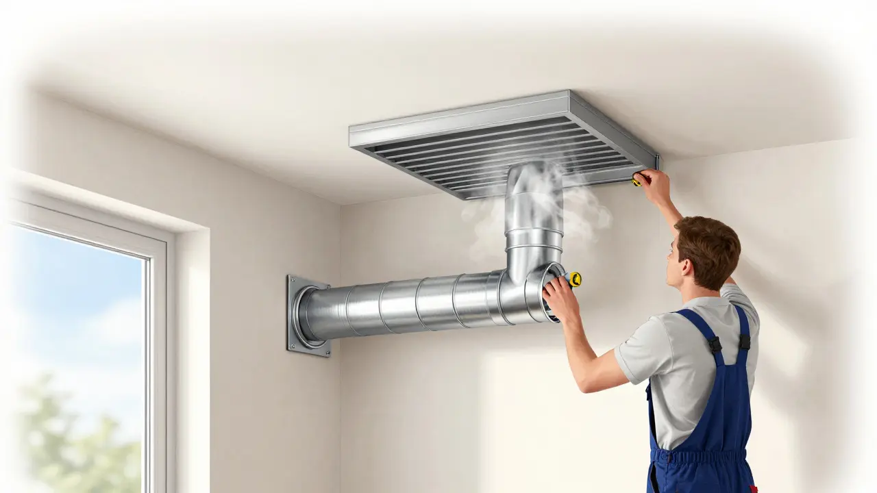 Abluft-Installation mit Durchführung durch die Wand und klarer Luft im Kücheninnenraum