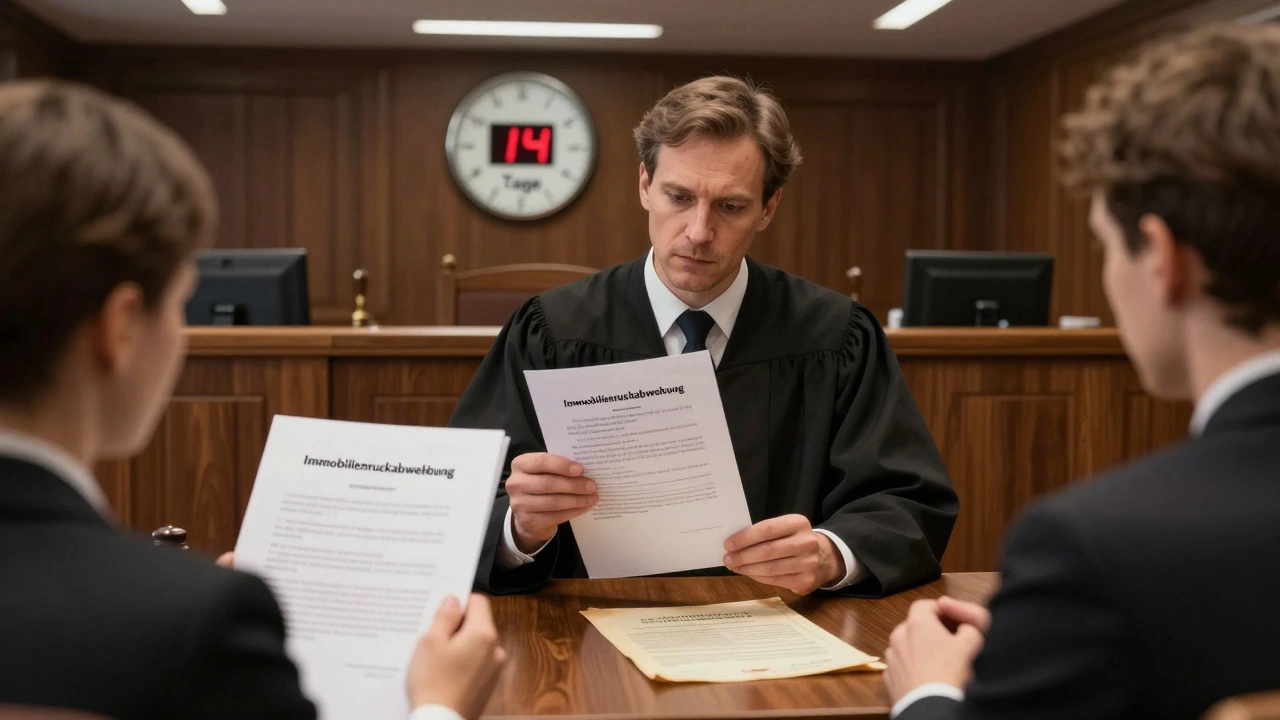 Anwalt präsentiert Beweise für verschwiegene Hochwasserschäden vor einem Richter in einem Gerichtssaal.