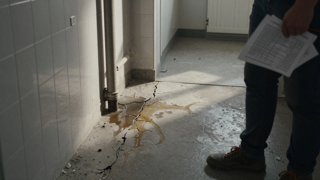 Beschädigter Anhydritestrich im Badezimmer mit Feuchtigkeitsschäden, kontrastiert mit intaktem Zementestrich im Flur.