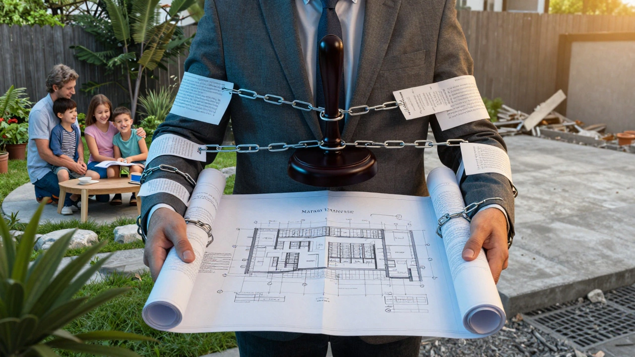 Ein Hausbesitzer ist von rechtlichen Dokumenten umgeben, während hinter ihm Nutzungs- und Abriss-Szenen sichtbar sind.