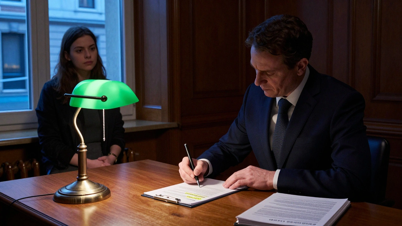 Ein Notar unterschreibt einen Nießbrauchvertrag in einem dunklen Büro, die Erbin beobachtet.