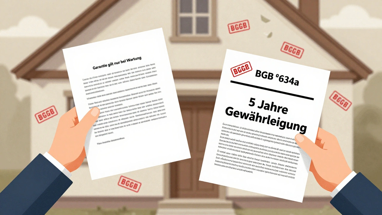 Ein rechtlicher Konflikt zwischen Garantiebedingungen und gesetzlicher Gewährleistung in Form einer Dokumenten-Darstellung.