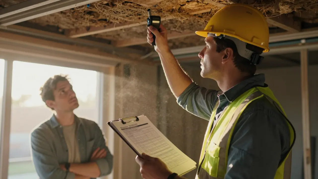 Ein Statiker untersucht mit einem Ultraschallgerät eine Kellerdecke, während der Hausbesitzer zuseht.