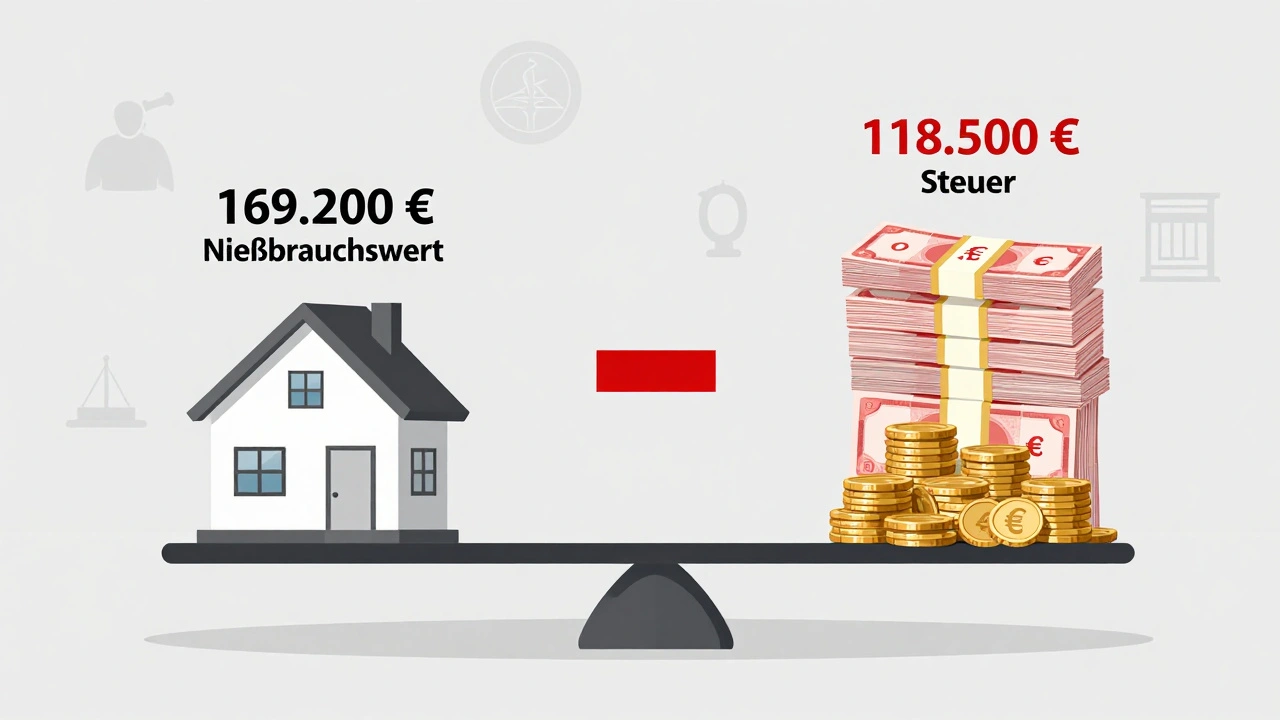 Eine Waage vergleicht den Wert einer Immobilie mit und ohne Nießbrauch – Steuersparung im Vordergrund.