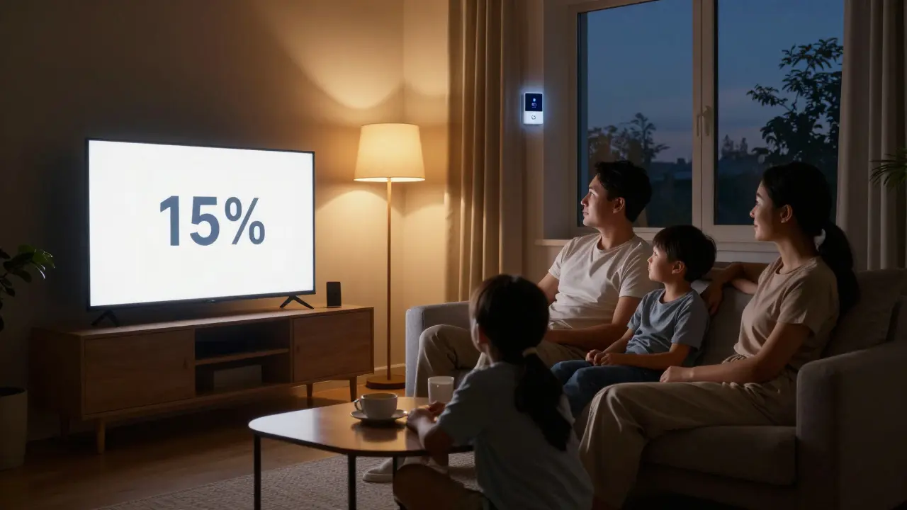 Familie entspannt im Dunkeln, nur sanftes Hintergrundlicht vom Fernseher und einer Stehlampe erhellt die Szene.