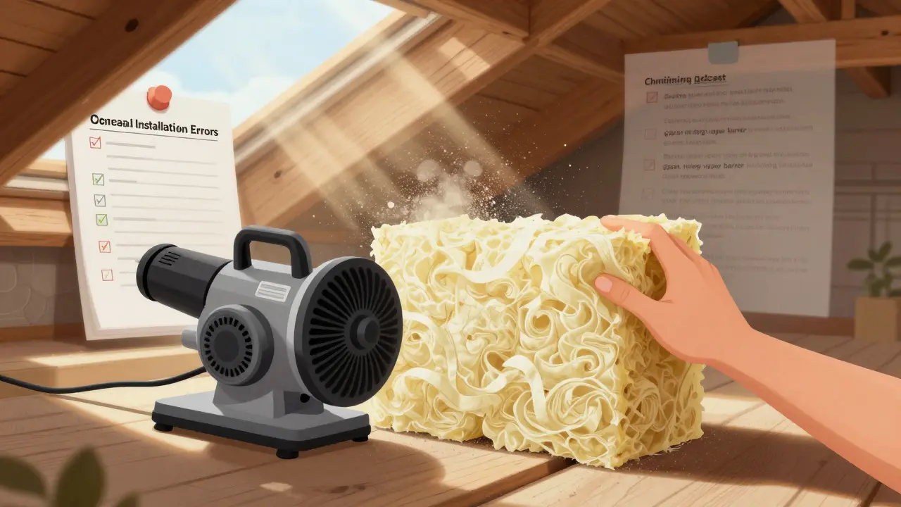 Hand füllt Zellulosedämmung mit einer Blasmaschine in ein Dachgeschoss, Sonnenlicht und Staubpartikel.