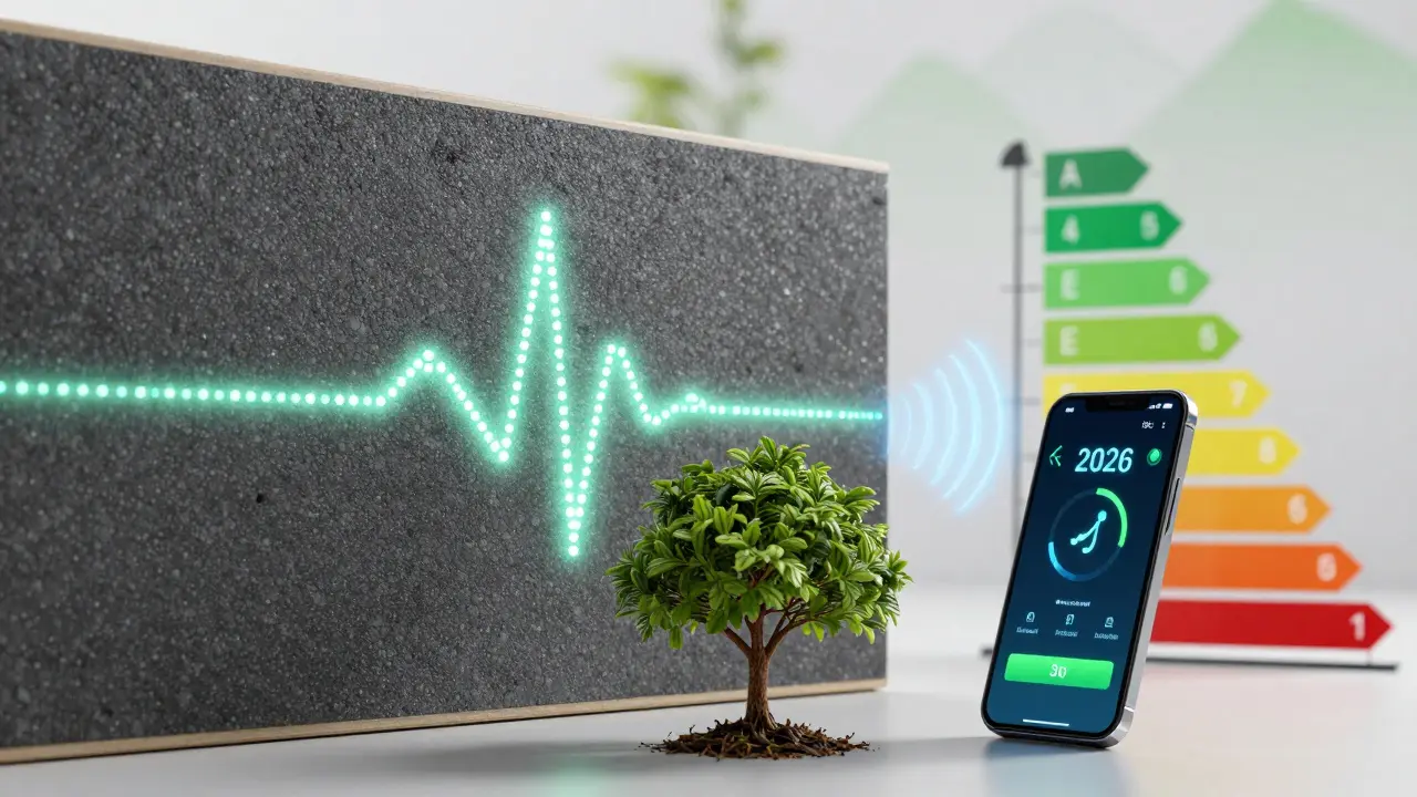 Intelligente Dämmplatte mit Sensoren, die Feuchtigkeit messen und per App warnen, verbunden mit einem wachsenden Baum.