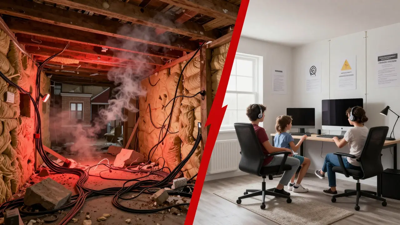 Kontrast: illegaler Keller mit Brandgefahr links, sicherer Hobbyraum rechts.