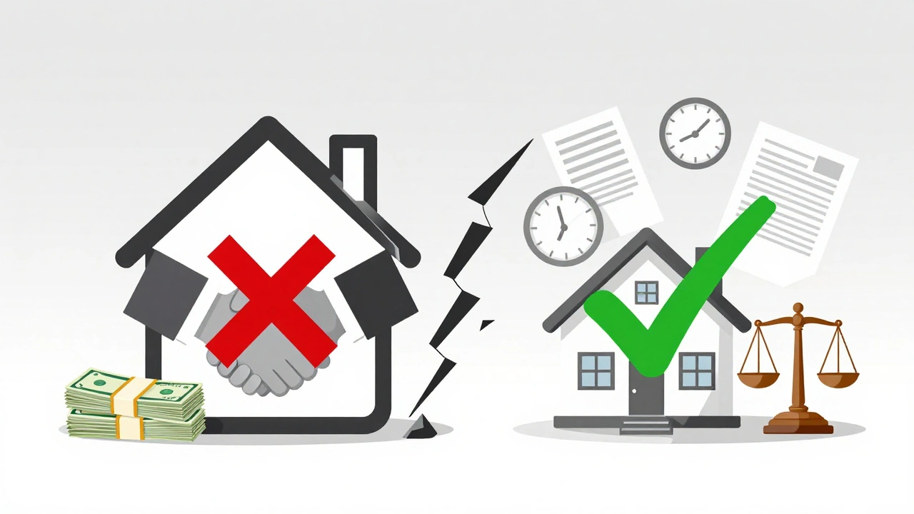 Konzeptuelles Bild: Zerbrechendes Haus mit zwei Wegen – Kosten und Scheitern vs. erfolgreiche Rückabwicklung.