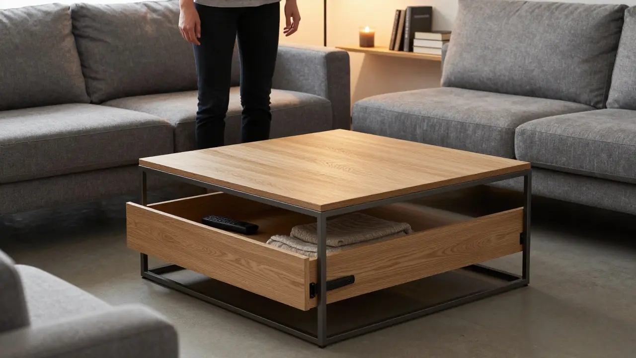 Leichter Holz-Couchtisch mit versteckter Schublade vor einem grauen Sofa in einem modernen, aufgeräumten Wohnraum.