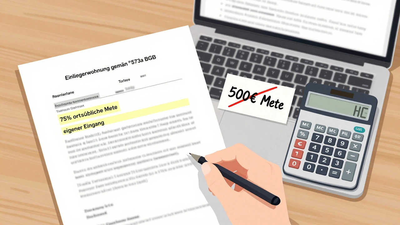 Mietvertrag mit wichtigen Klauseln und Steuerberechnungen auf einem Schreibtisch.