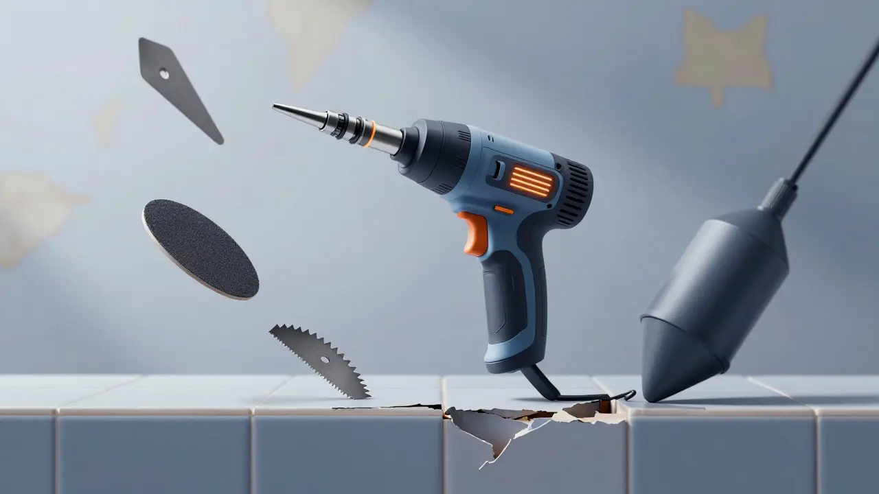 Multifunktionswerkzeug mit verschiedenen Aufsätzen schwebt über einer beschädigten Fuge.