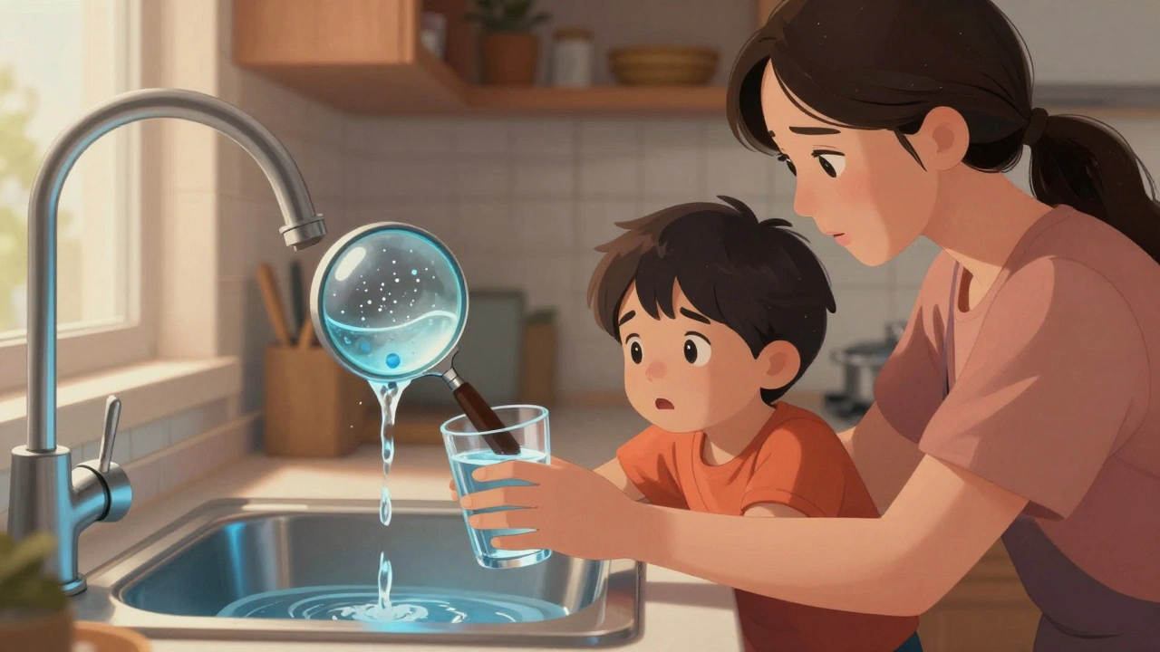 Mutter gießt Wasser aus dem Hahn, Kind schaut besorgt, mikroskopische Bleiteilchen im Wasser sichtbar.