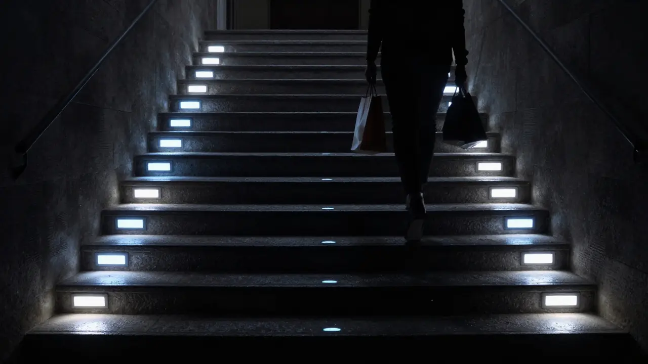Nachts beleuchtete Kellertreppe mit LED-Stufenlichtern und photolumineszierenden Markierungen.