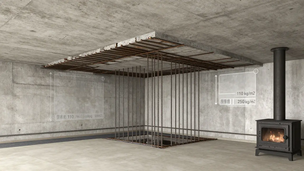 Querschnitt einer veralteten Betondecke mit verrosteten Bewehrungsstäben und modernen Belastungen wie Fliesen und Heizung.