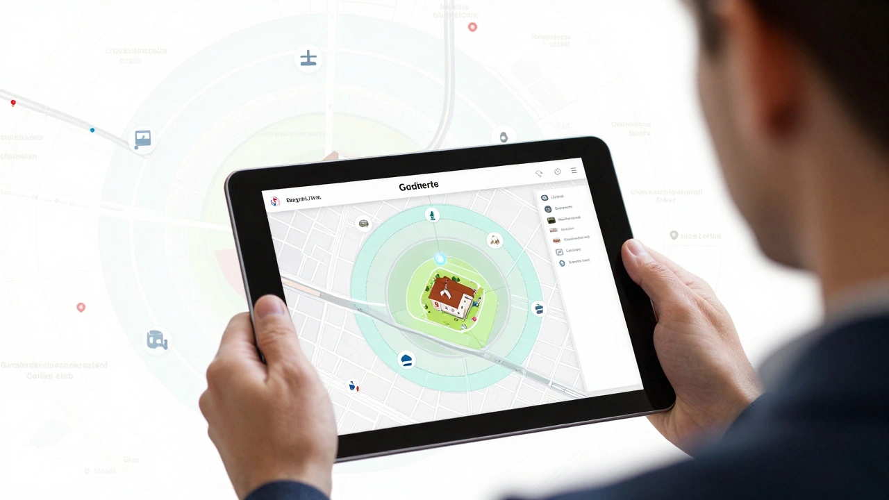 Real estate appraiser analyzing a digital map showing property factors like schools, shops, and transport within a 500-meter radius.
