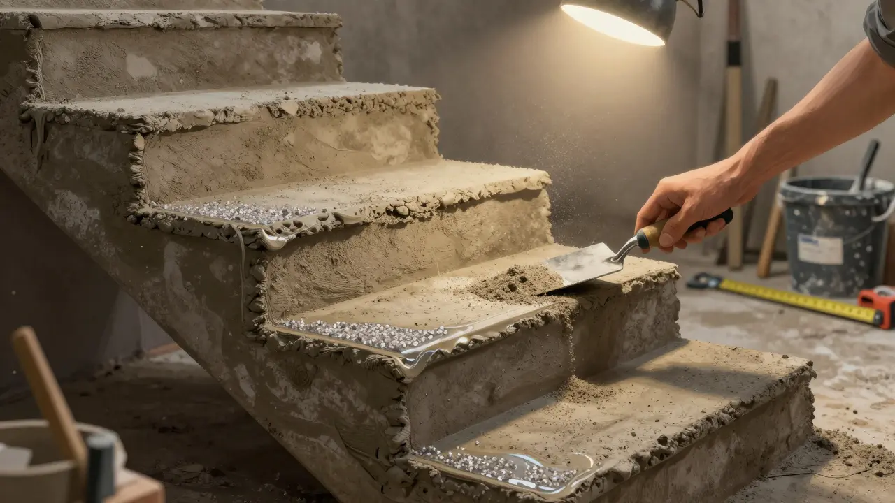 Sanierung einer Kellertreppe mit Steinteppichsystem und Quarzsand-Beschichtung, Hand mit Streichmesser.